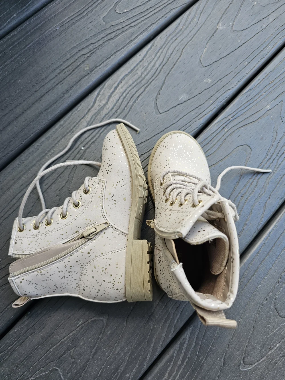 Kids Beige Glitter Lace-Up Combat Boots